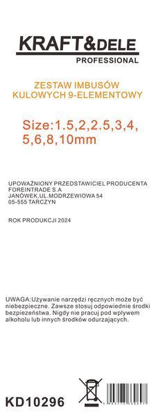 Набор шестигранных ключей удлиненных HEX KRAFT&DELE KD10296 T15046 фото